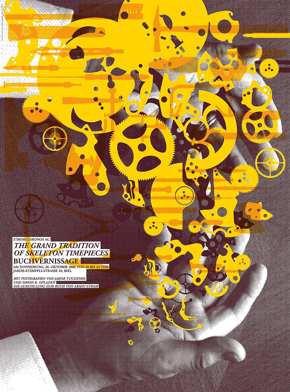 poster hand with yellow gears design bern